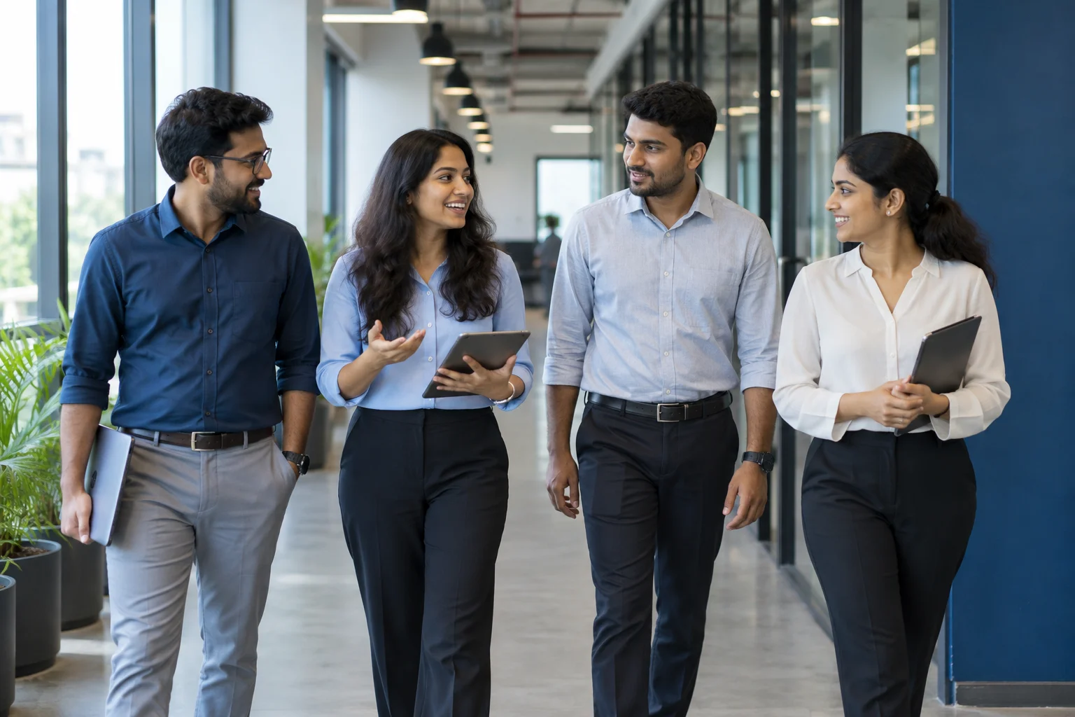 Software professionals talking in an office corridor