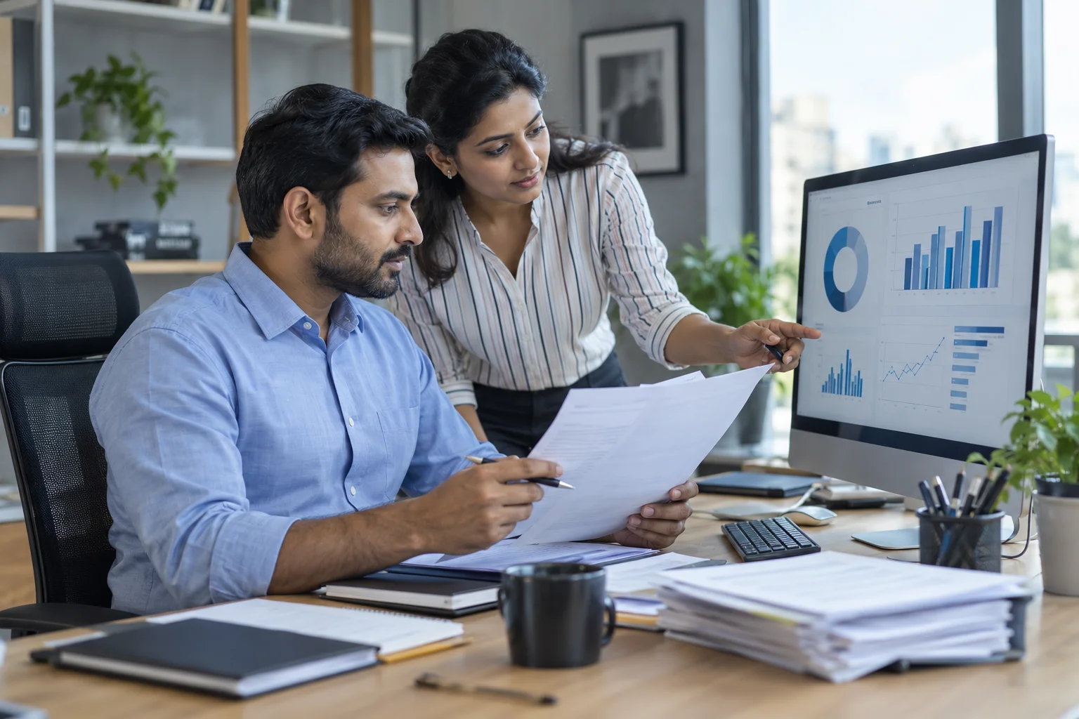 Colleagues comparing paper records with a digital business dashboard