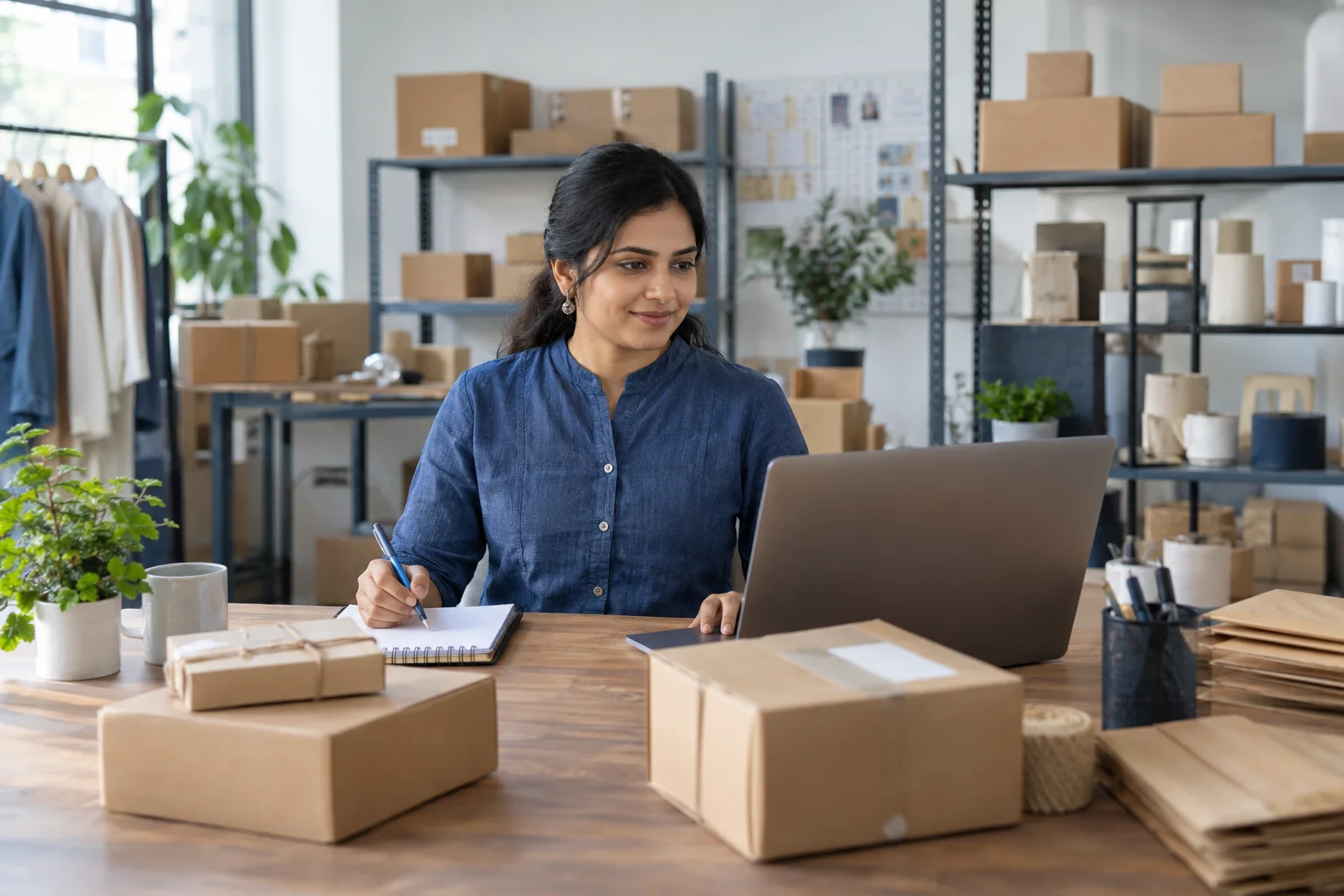 Business owner managing online orders beside packaged goods